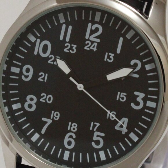Men's Quartz Field Watch Silver Case Black Tropical Strap 42mm - Picture 11 of 12
